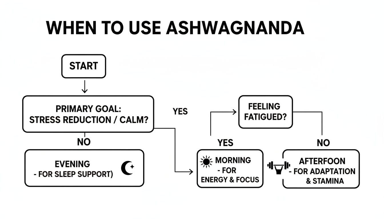 Flowchart detailing when to use Ashwagandha for stress reduction, calm, sleep, energy, focus, and stamina.