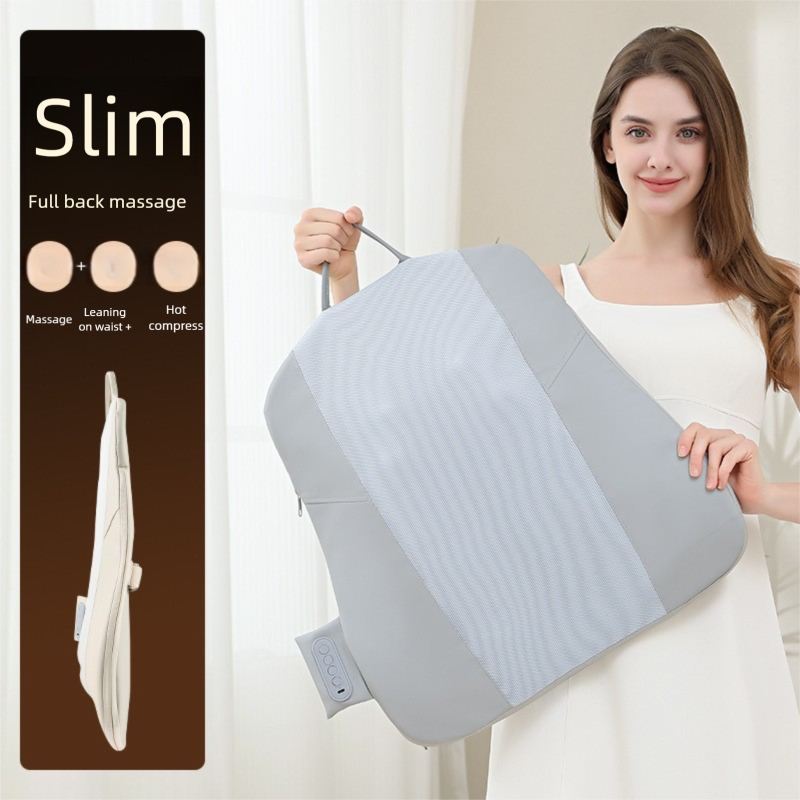 Beige Slim Wireless Shiatsu Back Therapeutic Massager Cushion - Rechargeable Heated Massage Pad for Full Back Relief