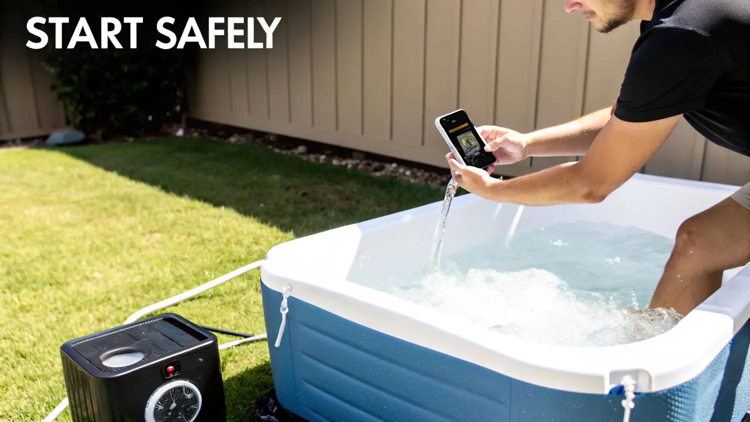 A man fills a portable cold plunge tub with water from a chiller, controlling it with his smartphone.