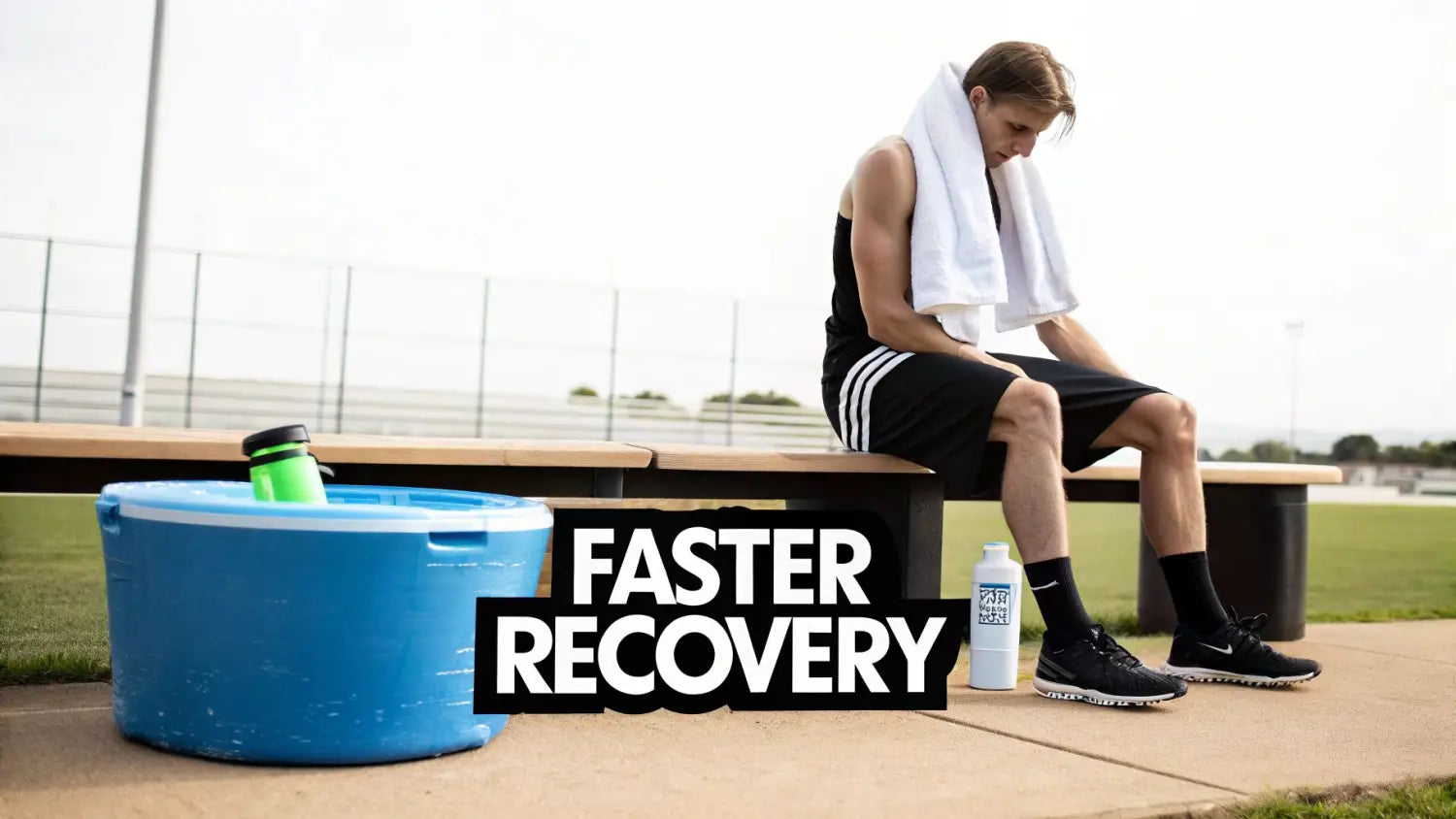 A tired male athlete sits on a bench with a towel, next to a cold tub for faster recovery.