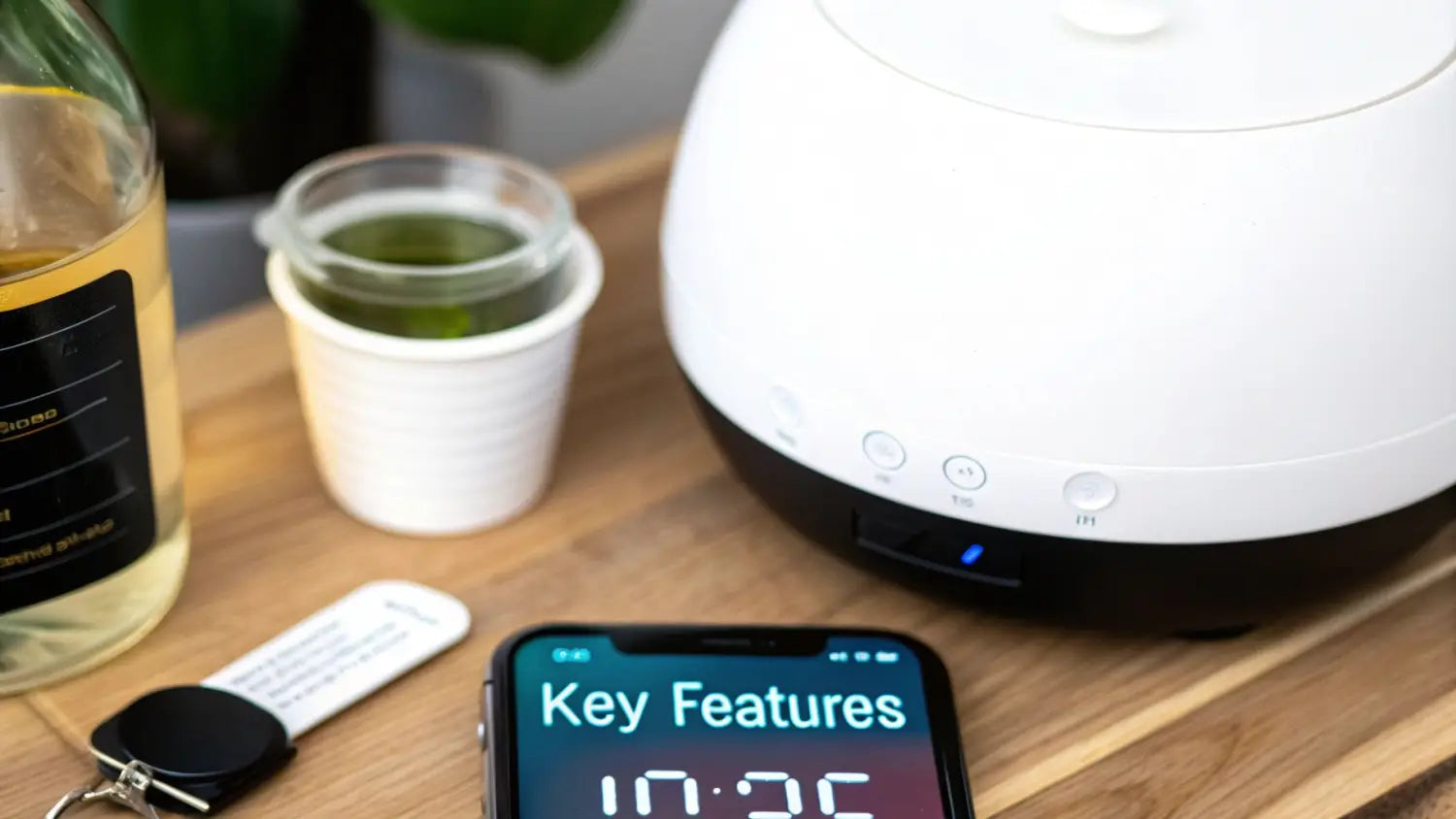 Modern white and black essential oil diffuser, a smartphone, and drinks on a wooden tray.