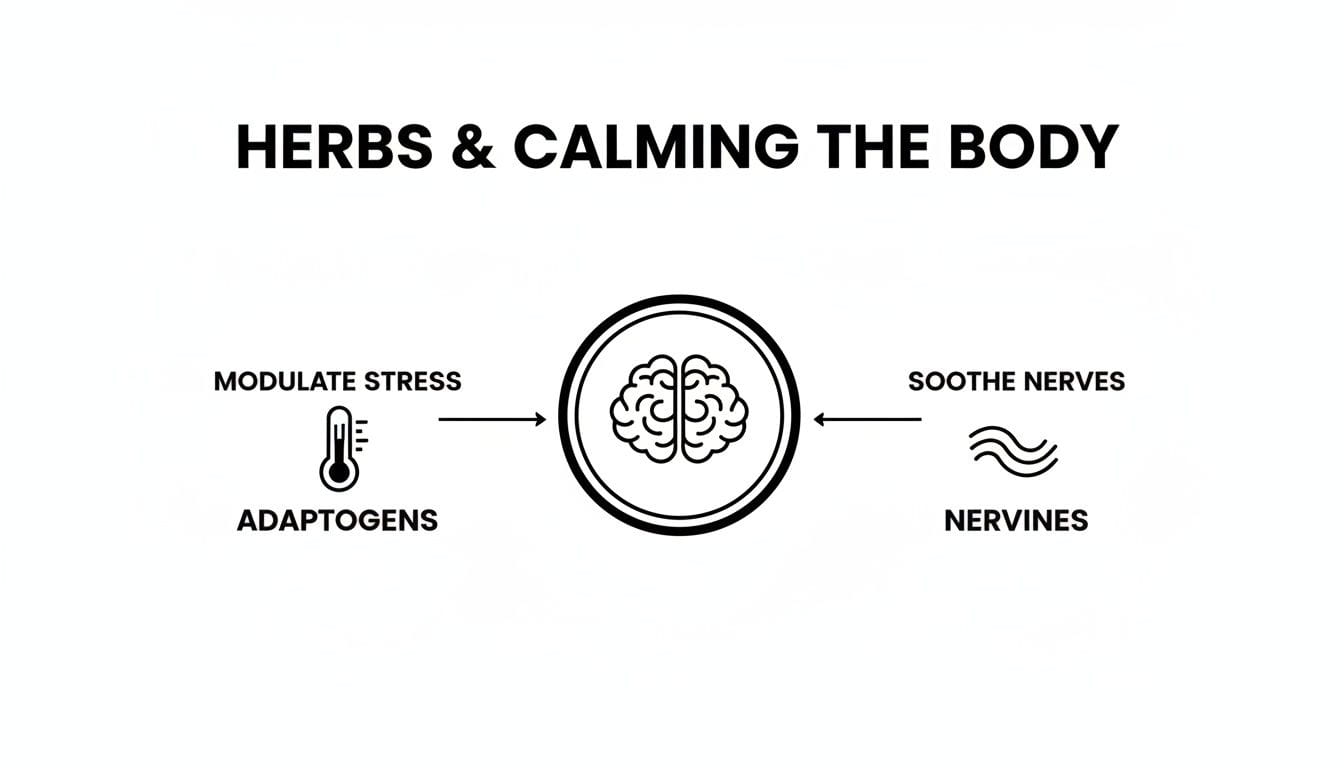 Diagram illustrating how adaptogen and nervine herbs calm the body by modulating stress and soothing nerves.