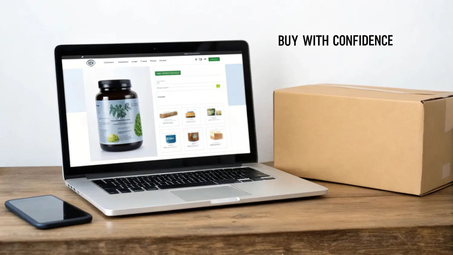 Online shopping on a laptop displaying a supplement, next to a smartphone and a cardboard delivery box.