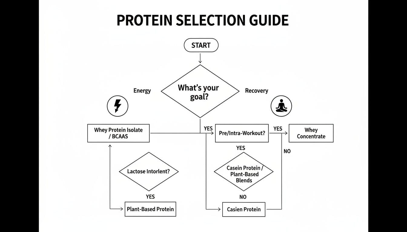 Flowchart guiding protein selection based on fitness goals, workout timing, and lactose intolerance.