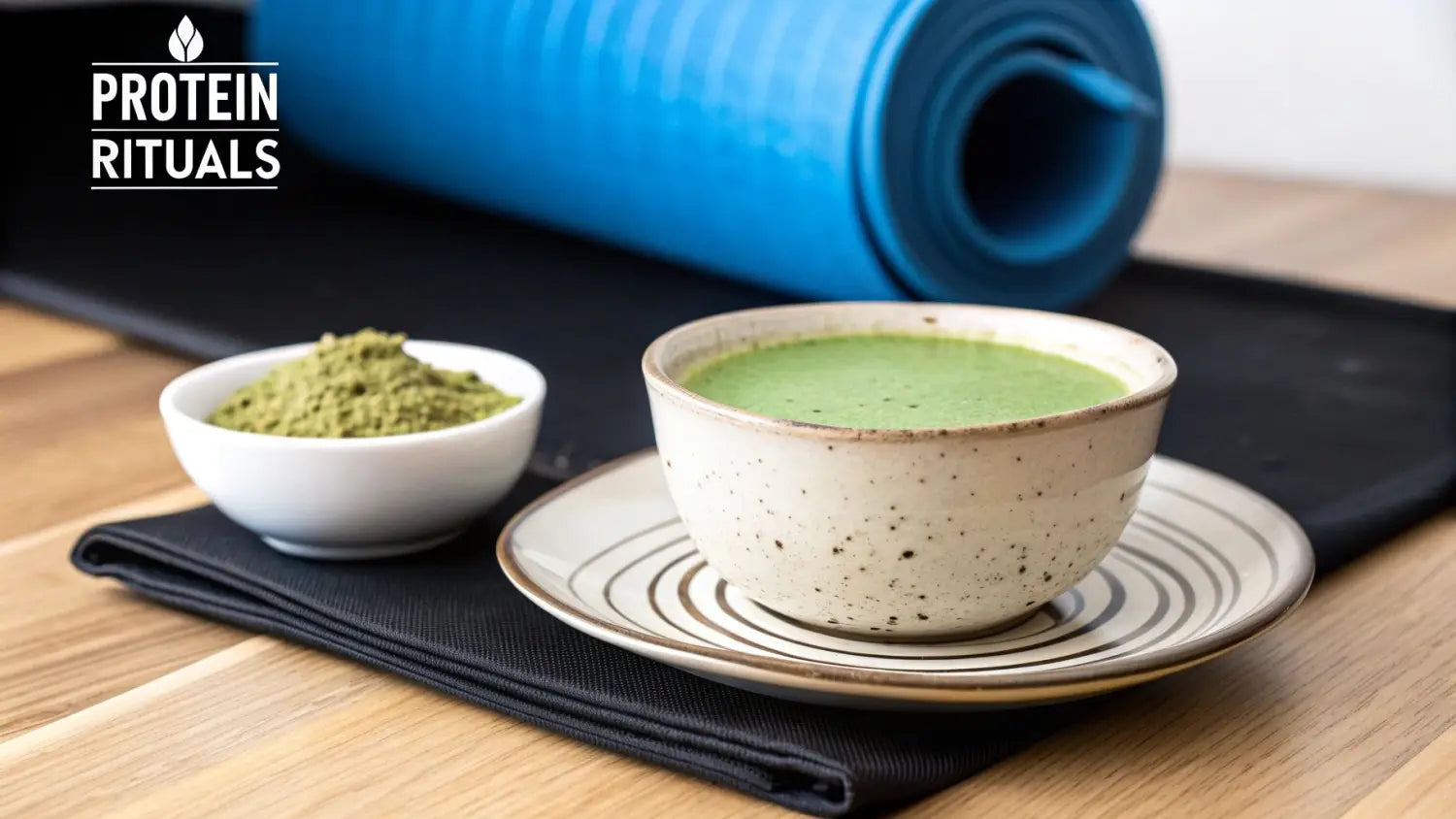 A cup of green protein drink, a bowl of green powder, and a blue yoga mat on a wooden table.