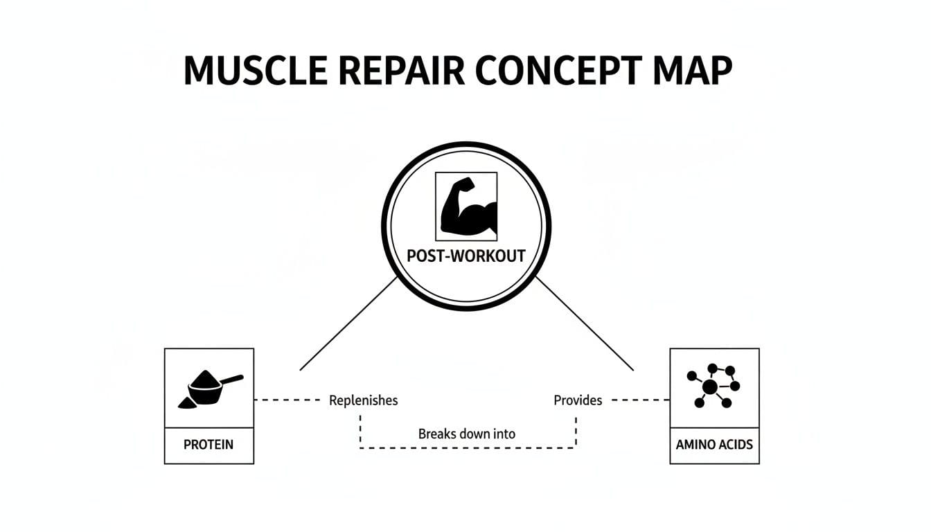 A concept map showing post-workout muscle repair, with protein replenishing and breaking down into amino acids.