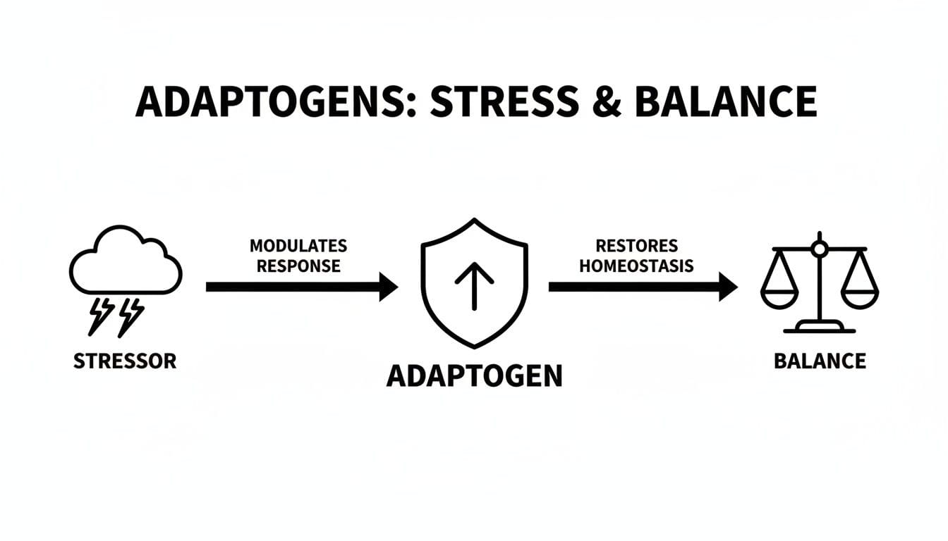 Diagram showing how a stressor's response is modulated by an adaptogen to restore homeostasis and balance.