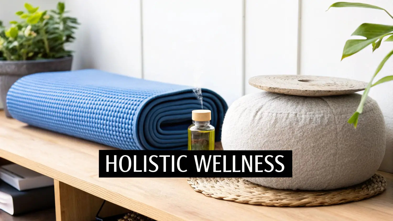 A holistic wellness setup with a blue yoga mat, essential oil diffuser, and meditation cushion.