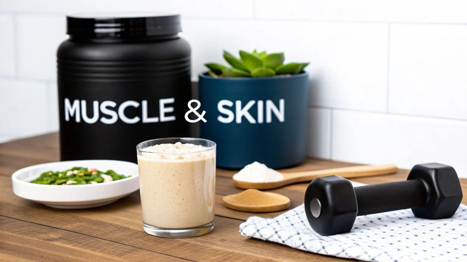A fitness and nutrition flat lay featuring protein powder, a smoothie, healthy food, and a dumbbell.