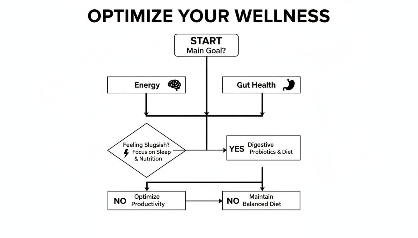 Flowchart guiding wellness optimization, covering main goals like energy and gut health, with steps for sleep, nutrition, and diet.