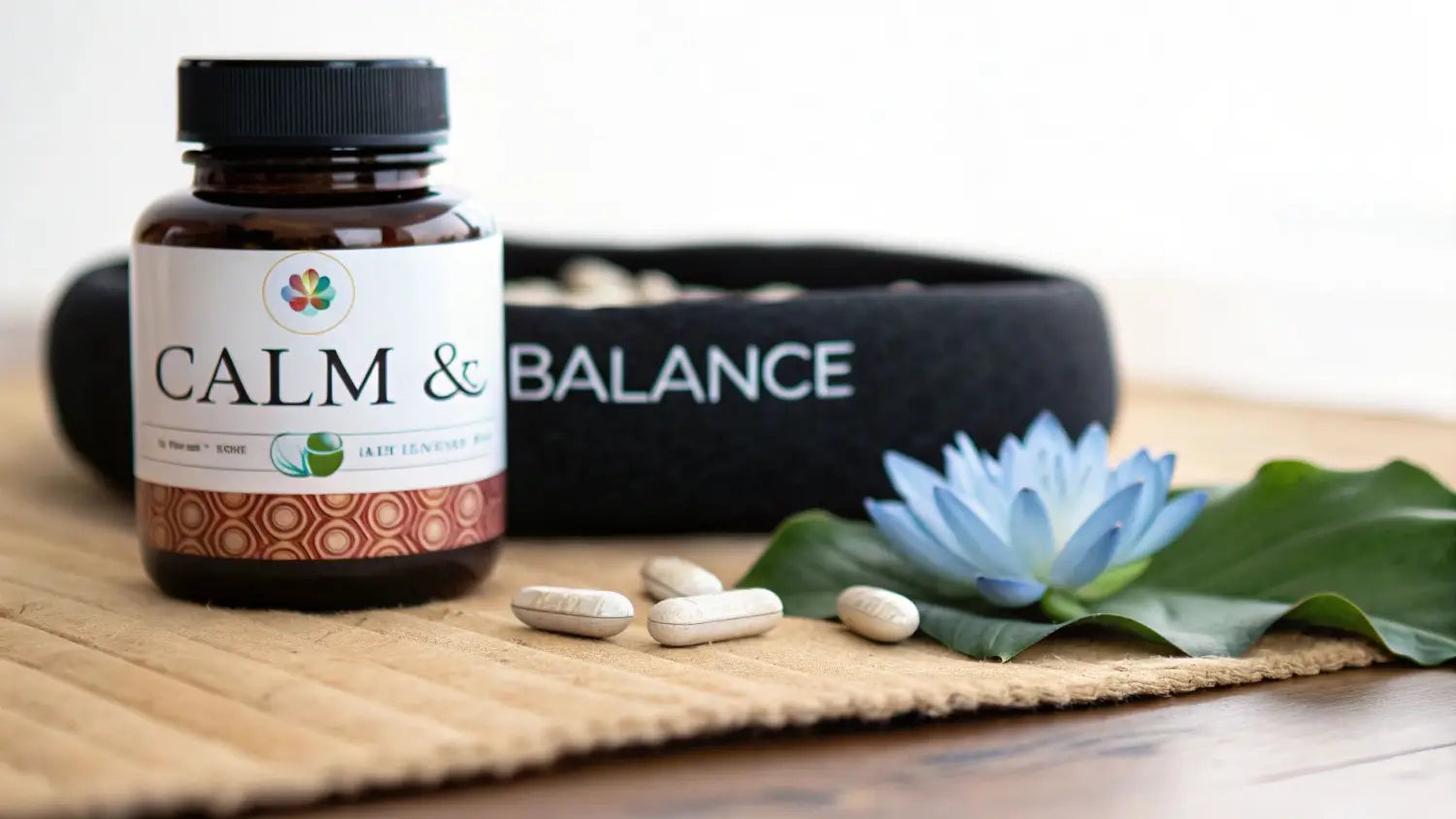 A bottle of 'CALM & BALANCE' supplements, several white capsules, and a vibrant blue lotus flower, promoting wellness.