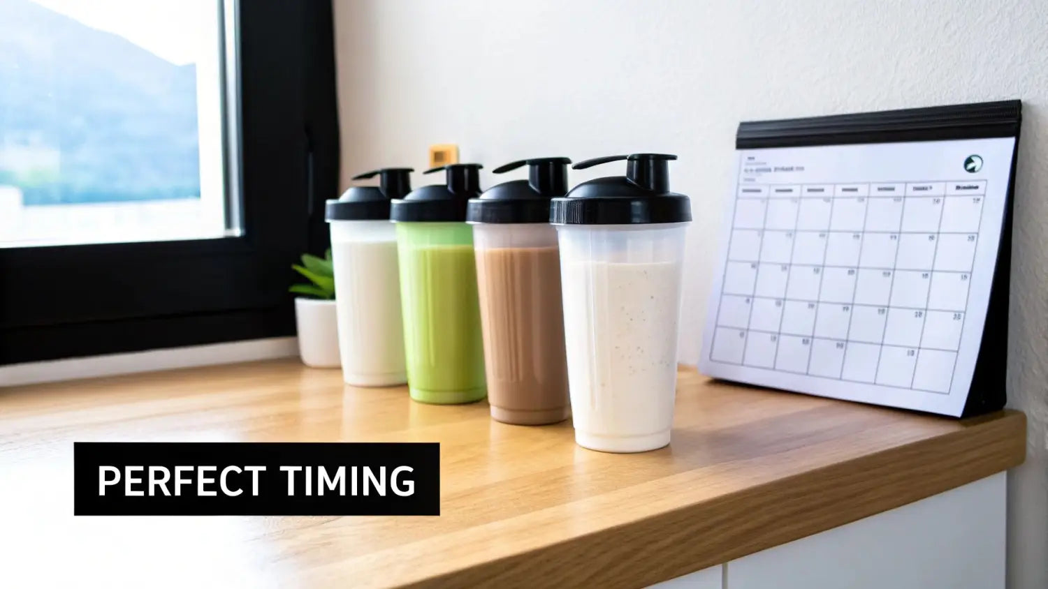 Four colorful protein shakes in bottles lined up next to a calendar on a wooden counter, symbolizing perfect timing.
