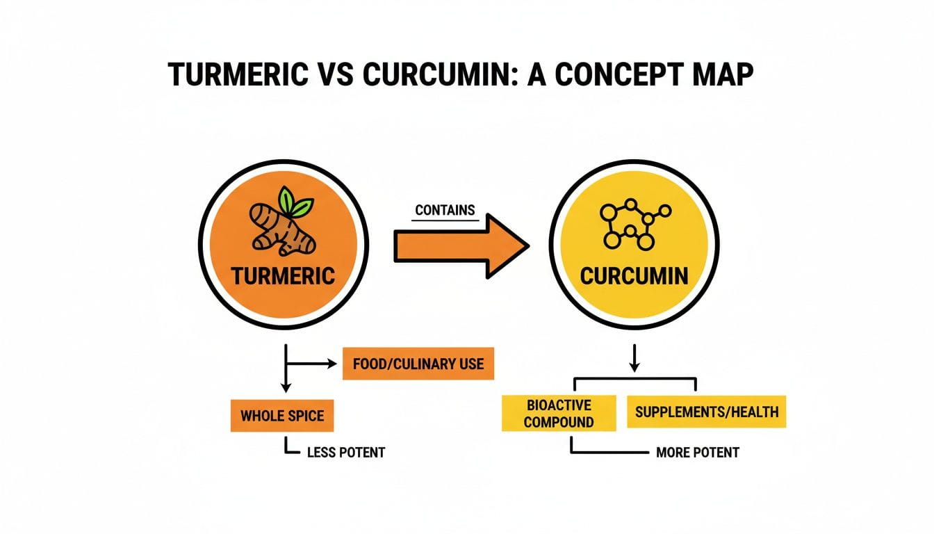 Concept map illustrating turmeric contains curcumin, highlighting their uses and potency differences.