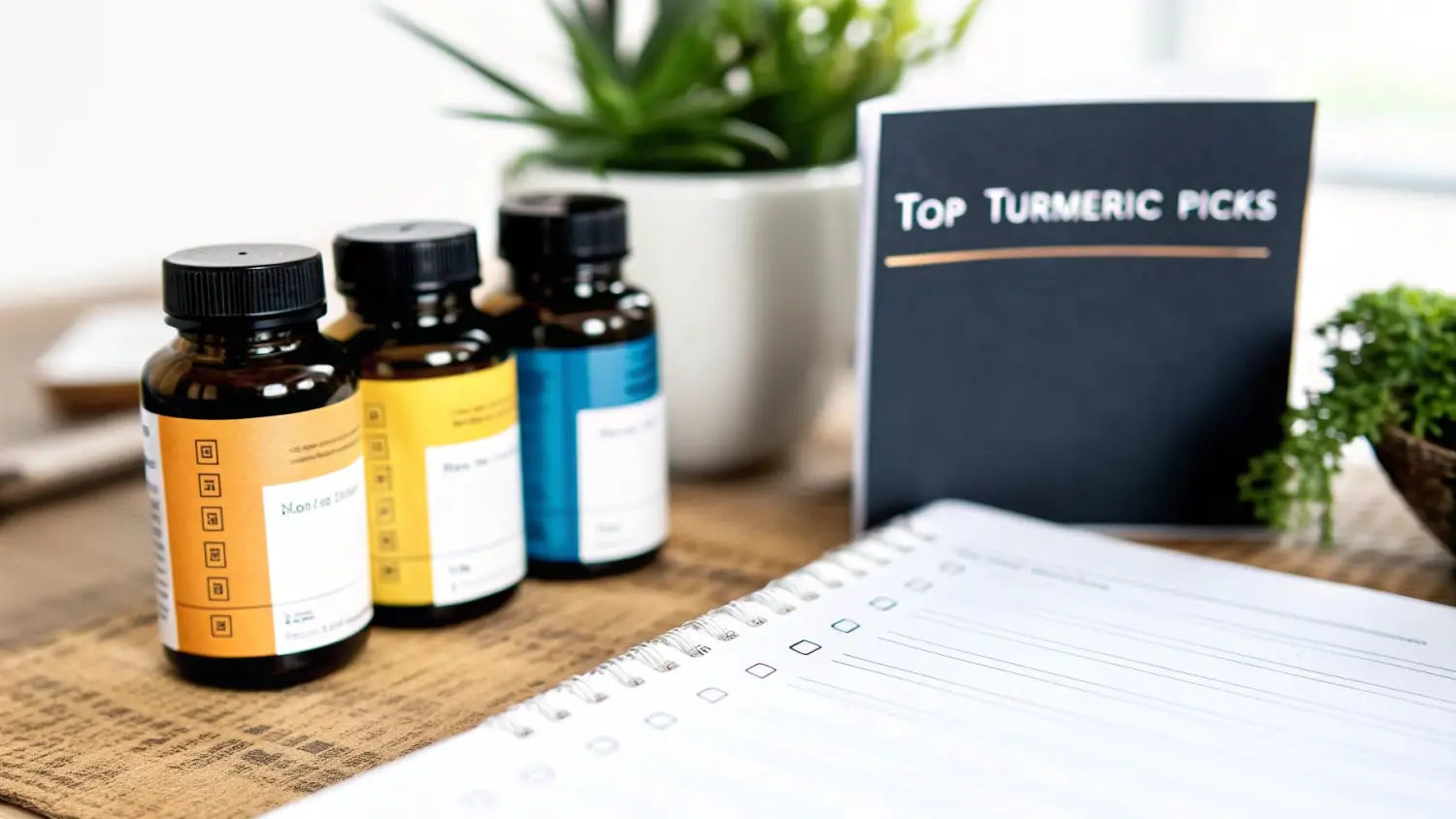 Three amber bottles of turmeric supplements, a notebook, and a book titled 'Top Turmeric Picks'.