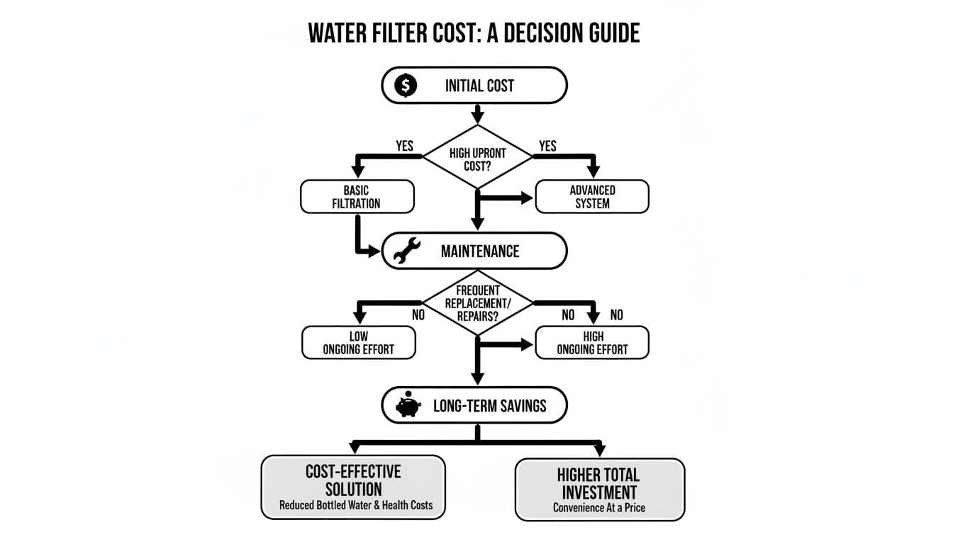 Flowchart guiding water filter cost decisions based on initial cost, maintenance, and long-term savings.