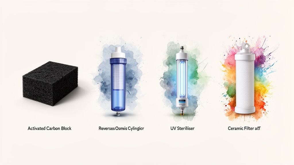 Four water purification components: an activated carbon block, reverse osmosis cylinder, UV sterilizer, and ceramic filter.