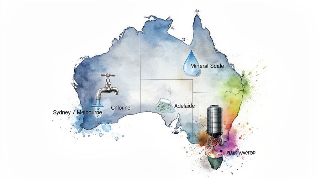 Map of Australia illustrating regional water quality issues like chlorine, mineral scale, and other impurities.