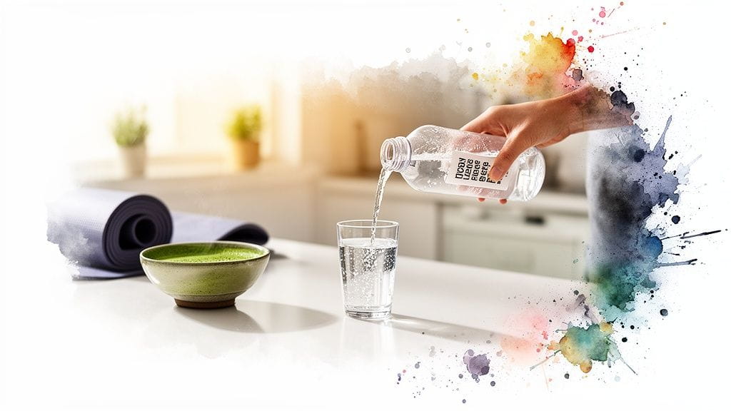 A healthy morning routine with a yoga mat, matcha tea, and fresh water being poured.