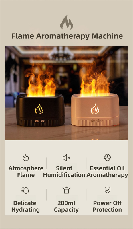 Black 3D Simulation Flame Premium Aromatherapy Diffuser & Humidifier - Ultrasonic Desktop Mister with 7-Color LED Light and Automatic Scent Spray (200ML)