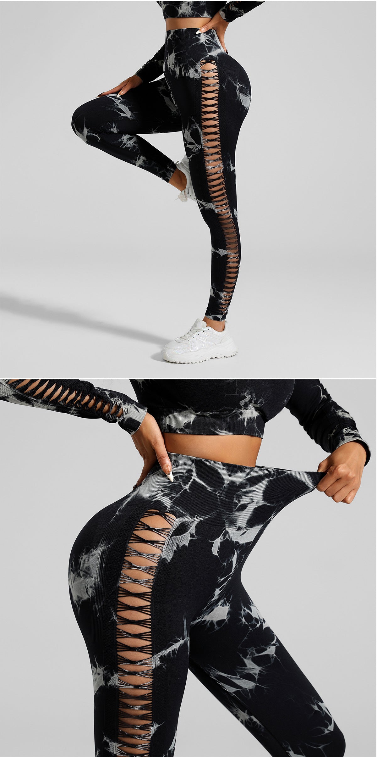 Black and Grey Tie-Dye Size L Tie-Dye Premium Yoga Set Long Sleeve Butt Lift Leggings Seamless Workout Training Gym Clothes