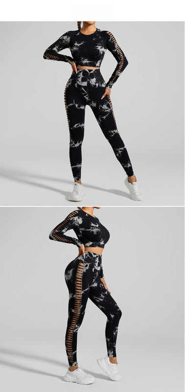 Black and Grey Tie-Dye Size S Tie-Dye Premium Yoga Set Long Sleeve Butt Lift Leggings Seamless Workout Training Gym Clothes