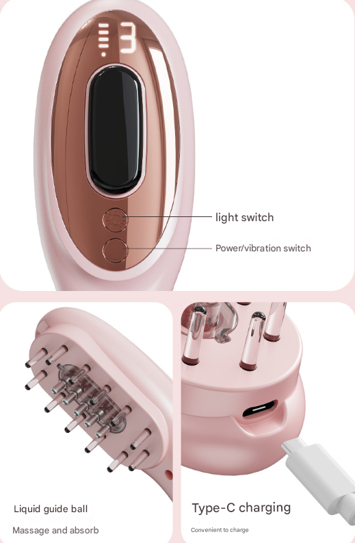 Black Rechargeable Electric Scalp Massager with Red & Blue Light Therapy - Hair Oil & Serum Applicator Comb(Not