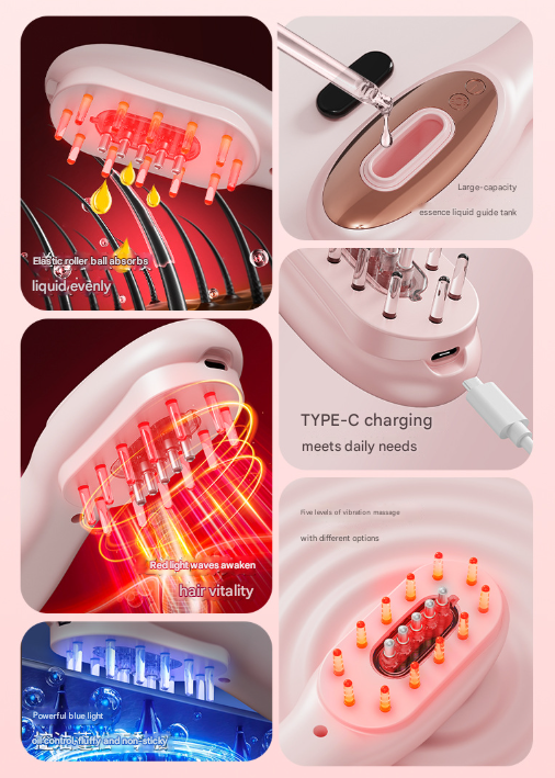 Black Rechargeable Electric Scalp Massager with Red & Blue Light Therapy - Hair Oil & Serum Applicator Comb(Not