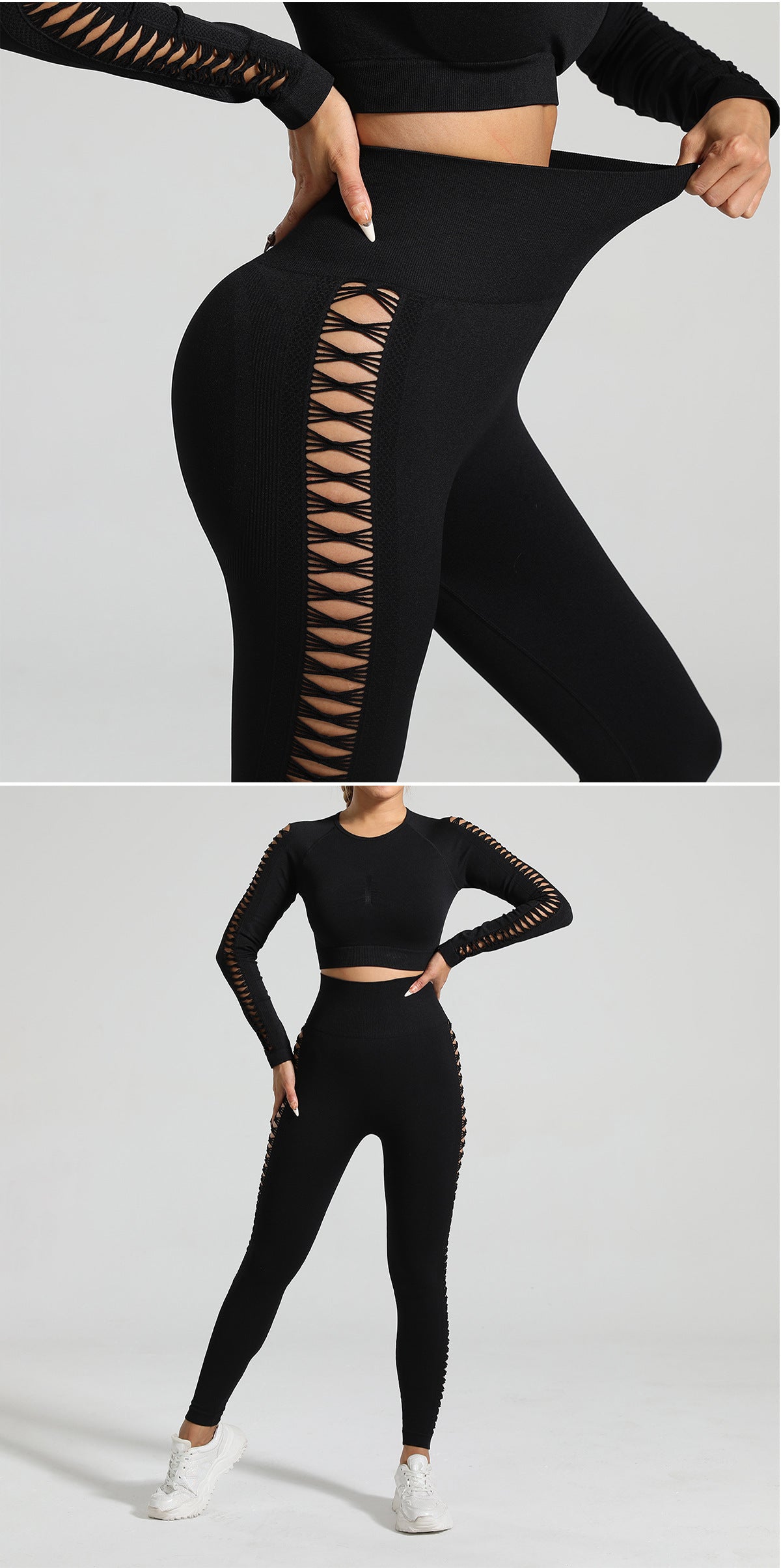 Black Size S Tie-Dye Premium Yoga Set Long Sleeve Butt Lift Leggings Seamless Workout Training Gym Clothes