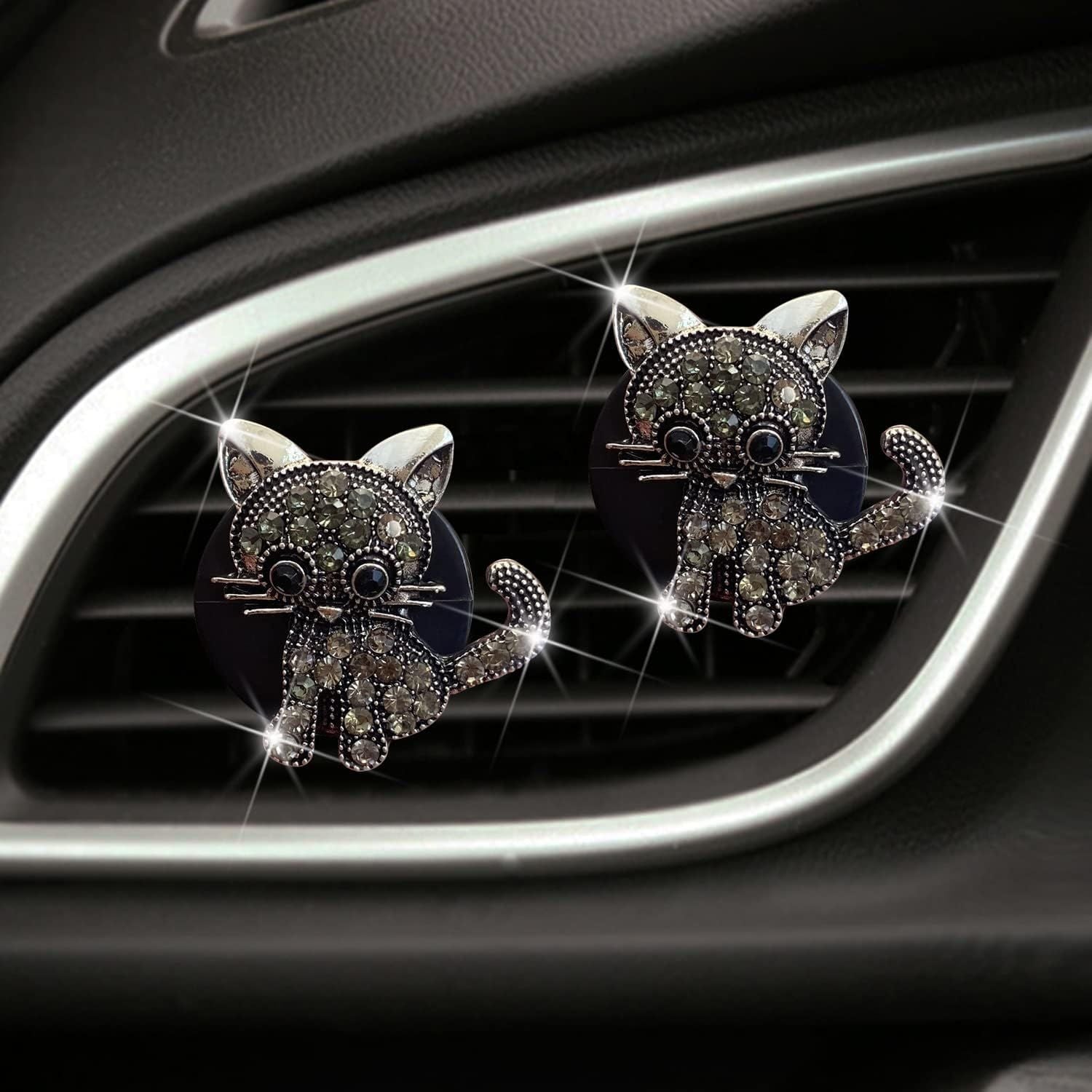 Bling Rhinestone Car Air Vent Clip,Dashboard Outlet Clip,Car Air Freshener Vent Clips,Car Air Conditioning Outlet Clip Decorative,Bling Car Accessories Car Interior Decoration Charm,Cute Car Decor (Cute kitten-BK)