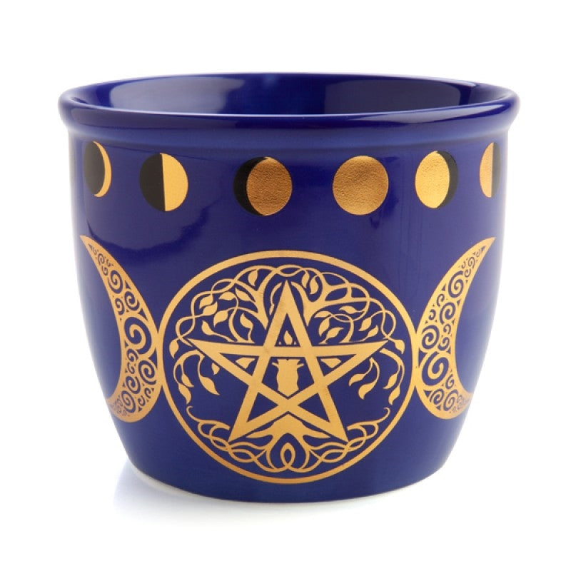 dark blue smudge bowl with gold moon phases and triple goddess symbol