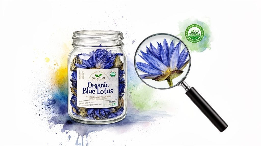 A glass jar of organic blue lotus flowers, with a magnifying glass showing a detailed flower, and an eco-friendly label.
