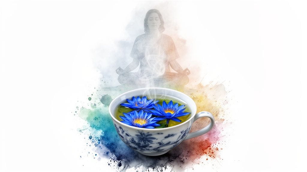 A serene image of a meditating person with a steaming cup of blue lotus tea, surrounded by watercolor splashes.
