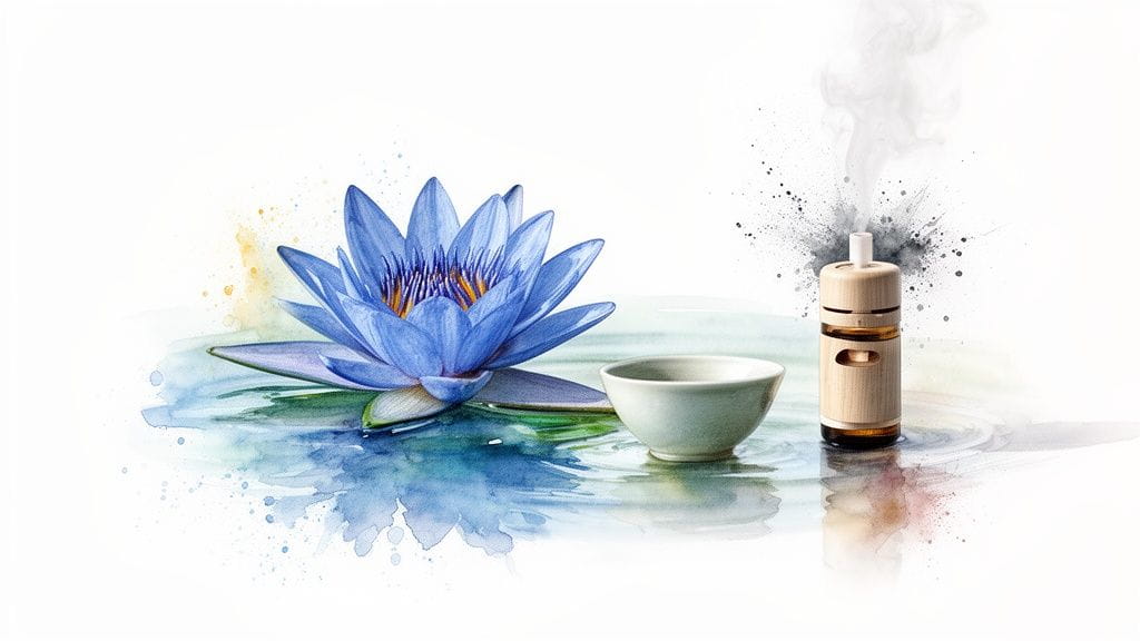 A watercolor painting featuring a blue lotus flower, a small white bowl, and a wooden essential oil diffuser with smoke on a light background.