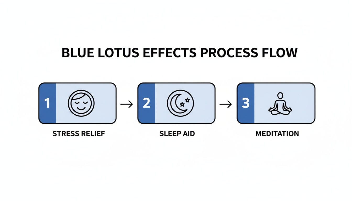 A process flow diagram illustrates the effects of Blue Lotus: Stress Relief, Sleep Aid, and Meditation.