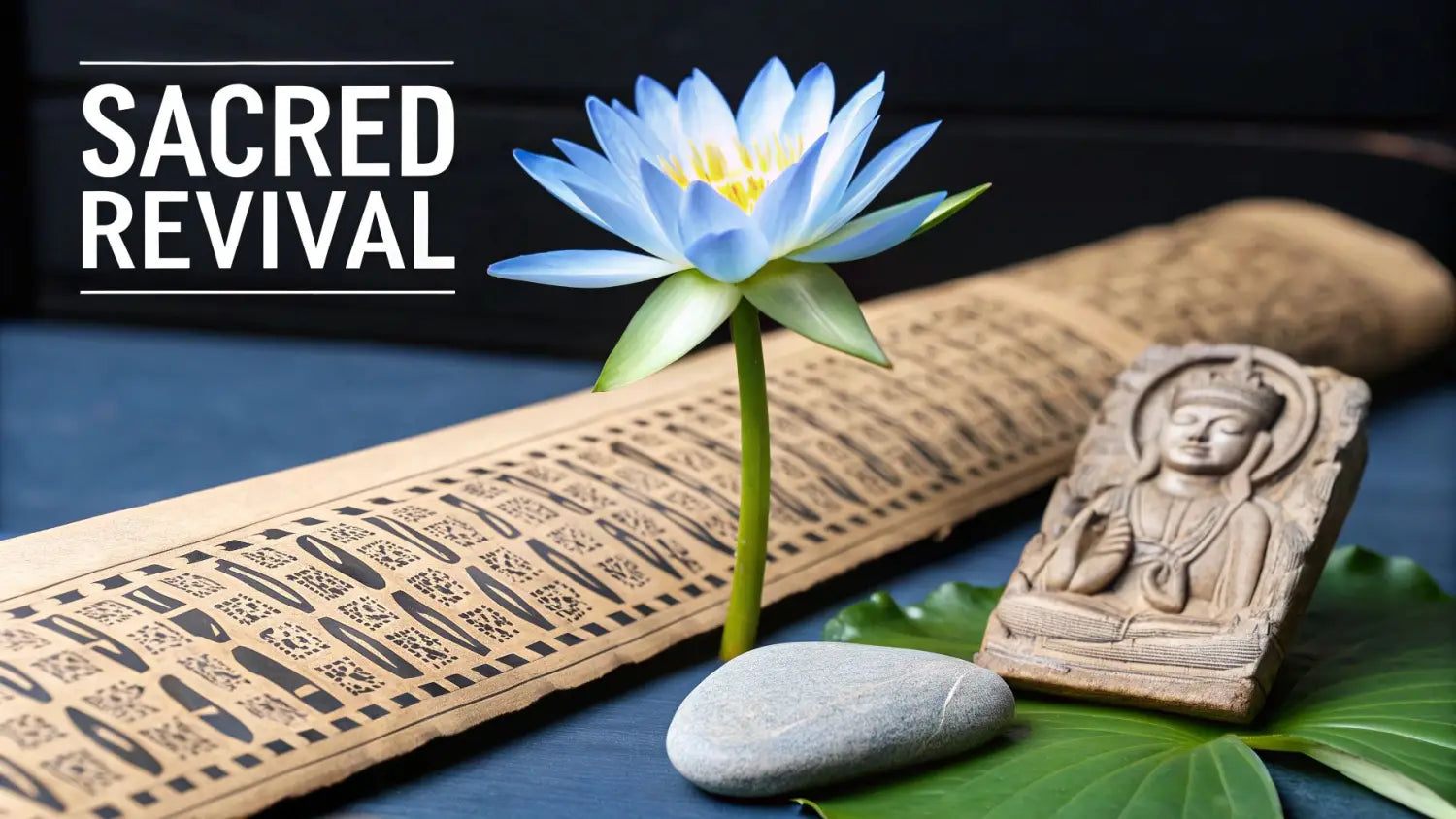 A serene blue lotus, ancient scroll, carved Buddha statue, and a stone, symbolizing sacred revival.