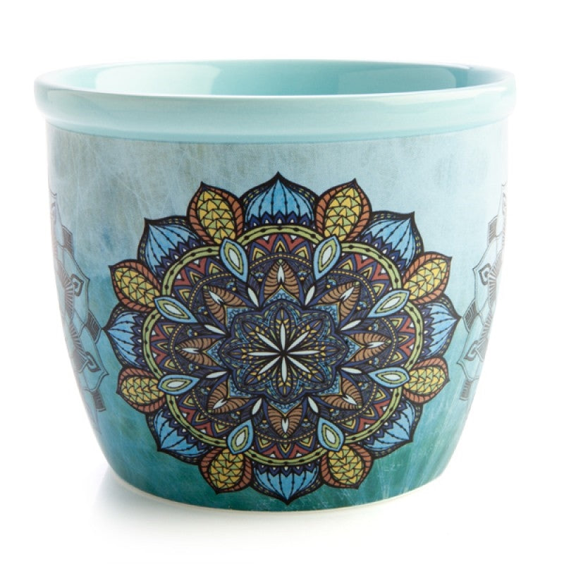 Turquoise ceramic smudge bowl with blue, gold, and black mandala design