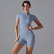 Blue Size XL Women’s Summer Zip-Up Bodysuit - Short Sleeve High Stretch Yoga & Dance Outfit Breathable Fitness Wear