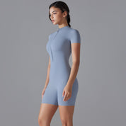 Blue Size XL Women’s Summer Zip-Up Bodysuit - Short Sleeve High Stretch Yoga & Dance Outfit Breathable Fitness Wear