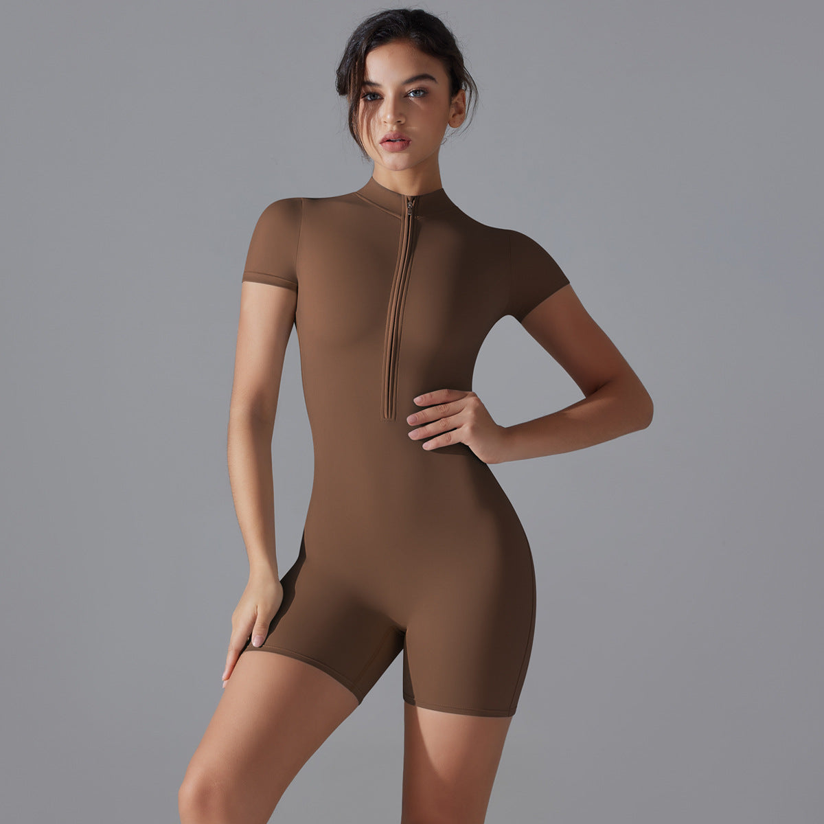 Brown Size M Women’s Summer Zip-Up Bodysuit - Short Sleeve High Stretch Yoga & Dance Outfit Breathable Fitness Wear