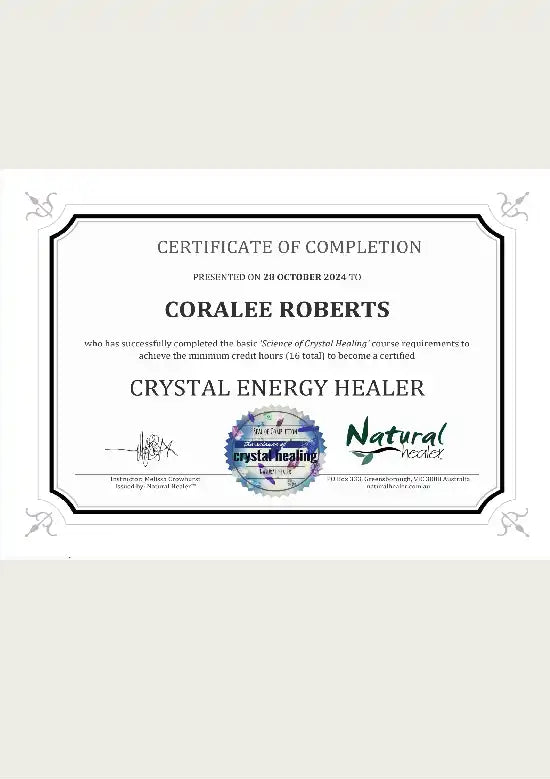 Certificate of completion for Crystal Energy Healer training.