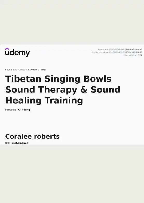 Certificate of completion for a Tibetan Singing Bowls Sound Therapy & Sound Healing Training course from Udemy.