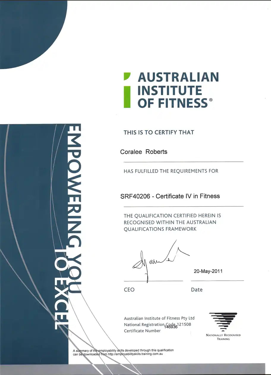 Certificate IV in Fitness qualification from the Australian Institute of Fitness.