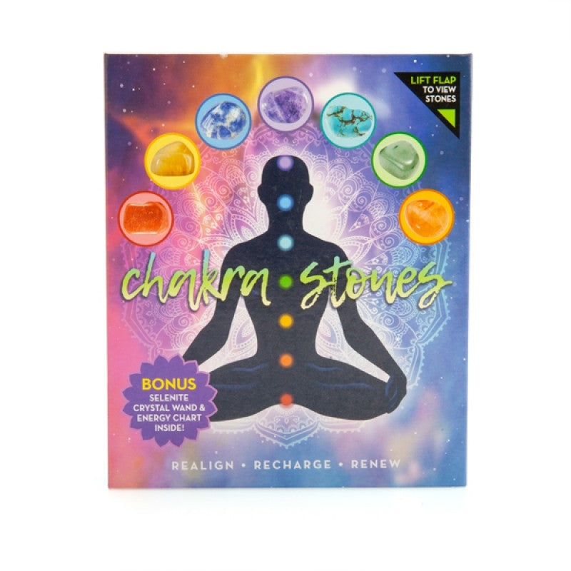 Book cover for Chakra Stone Wellness Kit with meditation figure and colorful chakra symbols