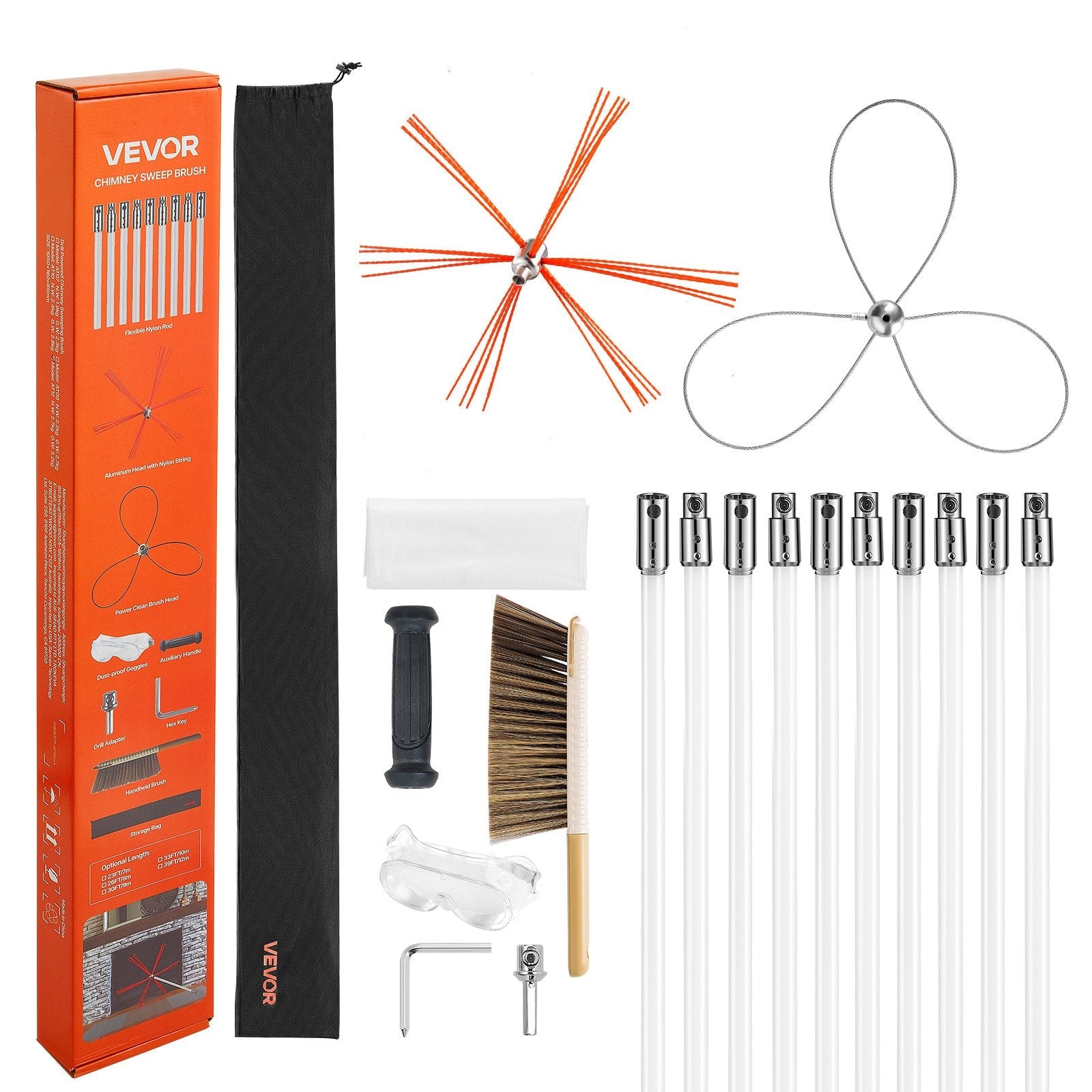 Chimney Sweep Kit, 10m Maximum Extendable Length Chimney Brush, Chimney Cleaner Sweeper with Dual Brush Heads, Brush & Goggles, Fireplace Cleaning Tool for Square, Rectangle, Arch Chimneys