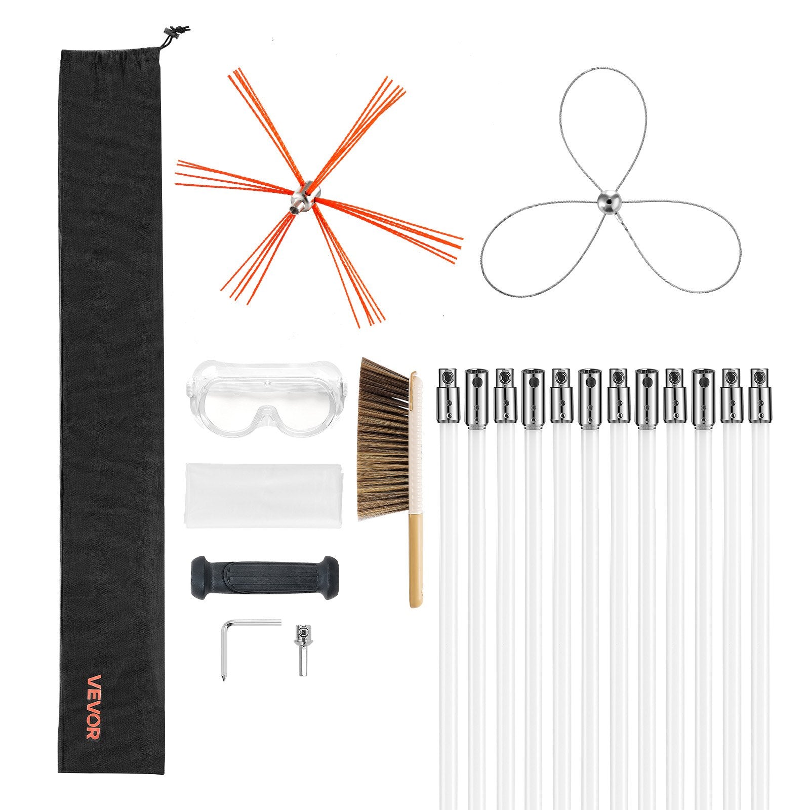 Chimney Sweep Kit, 12m Maximum Extendable Length Chimney Brush, Chimney Cleaner Sweeper with Dual Brush Heads, Brush & Goggles, Fireplace Cleaning Tool for Square, Rectangle, Arch Chimneys