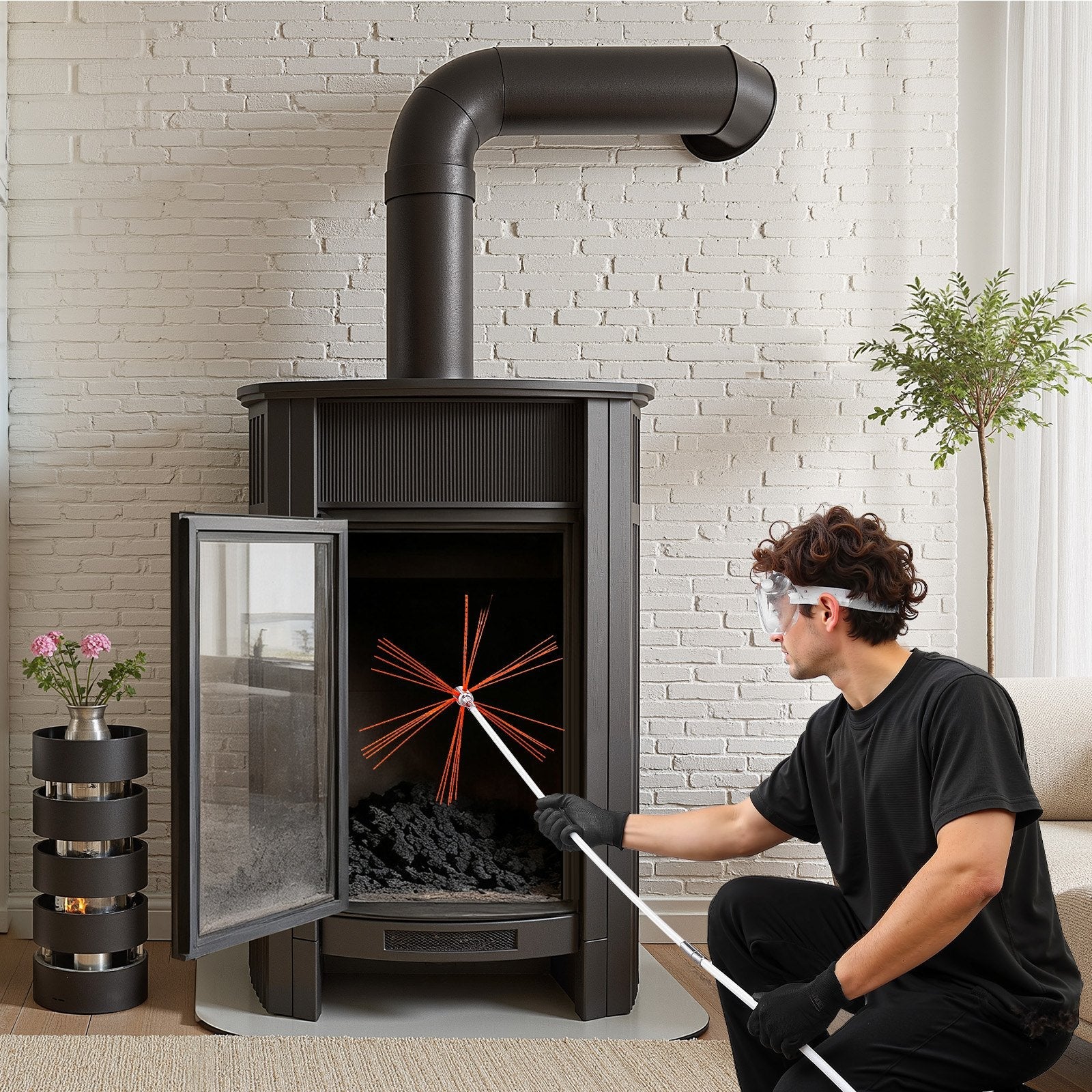 Chimney Sweep Kit, 12m Maximum Extendable Length Chimney Brush, Chimney Cleaner Sweeper with Dual Brush Heads, Brush & Goggles, Fireplace Cleaning Tool for Square, Rectangle, Arch Chimneys