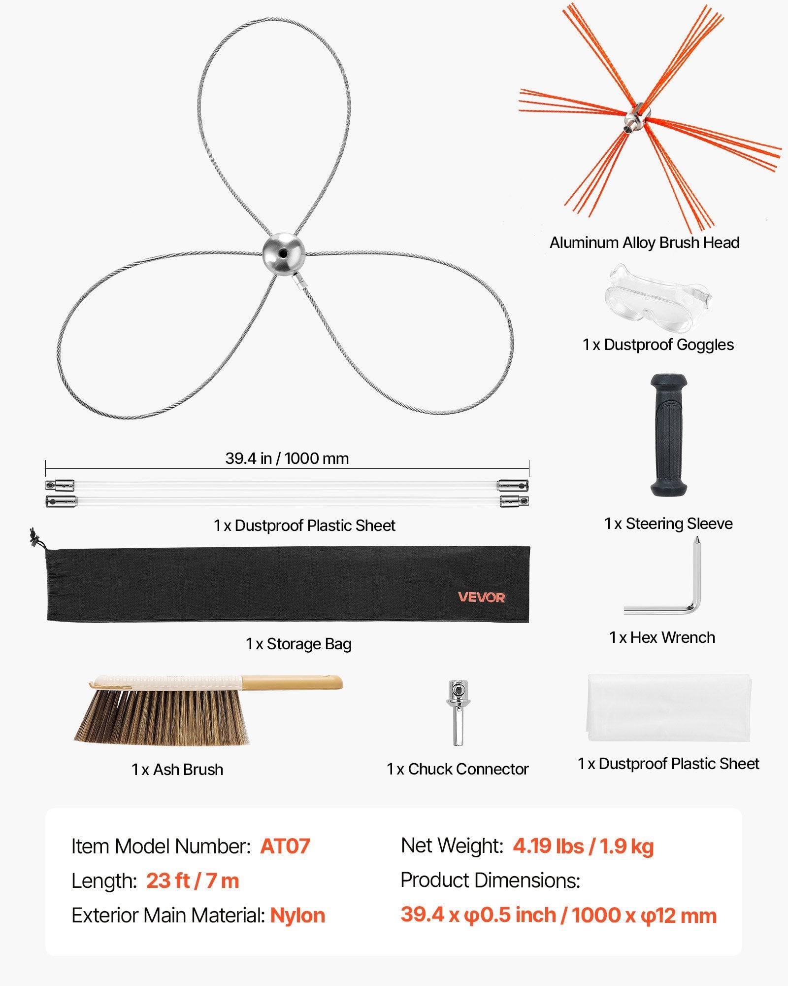 Chimney Sweep Kit, 7m Maximum Extendable Length Chimney Brush, Chimney Cleaner Sweeper with Dual Brush Heads, Brush & Goggles, Fireplace Cleaning Tool for Square, Rectangle, Arch Chimneys