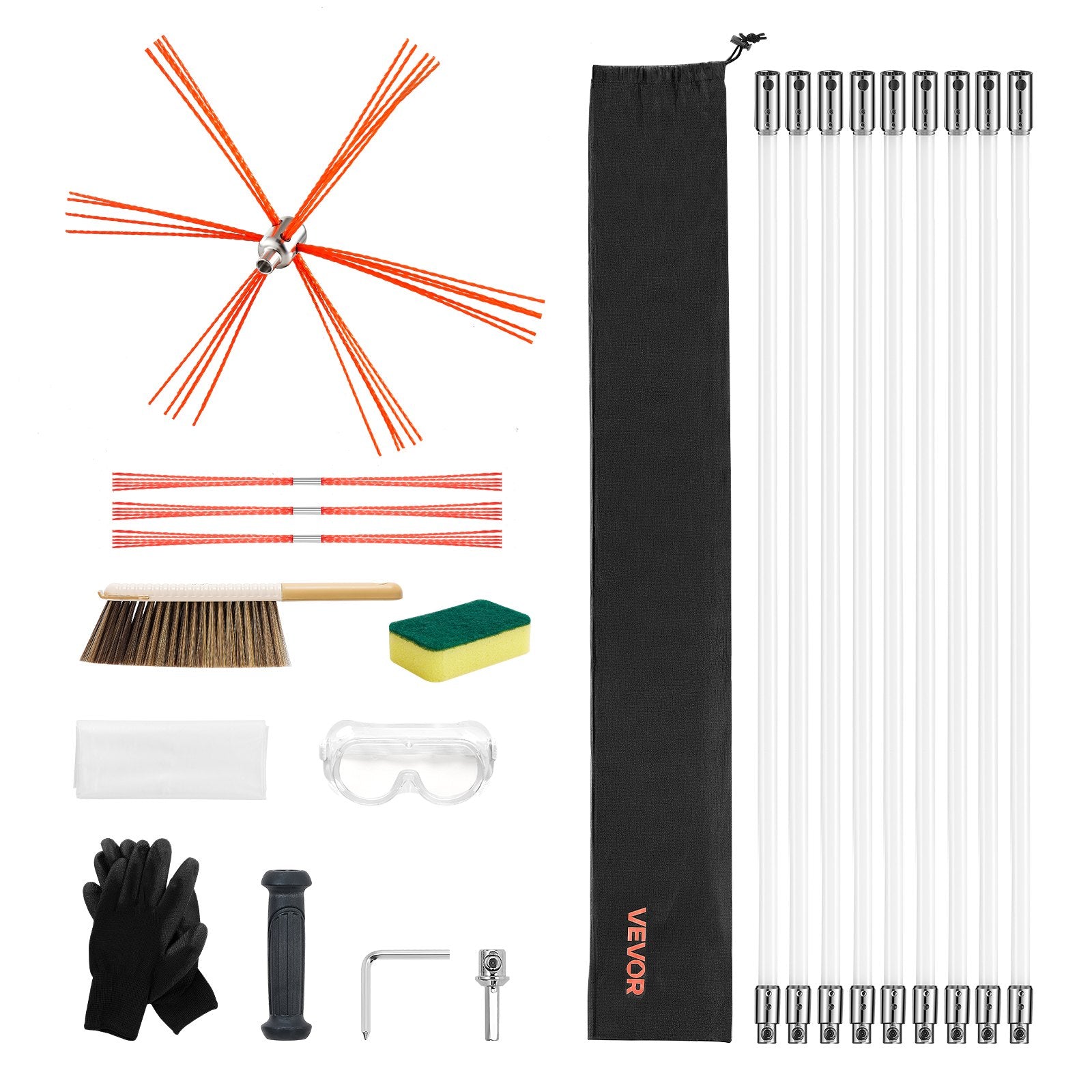 Chimney Sweep Kit, 9m Maximum Extendable Length Chimney Sweep, Chimneys Cleaning Kit with Bristle Replacements & Goggles, 90° Bendable Fireplace Cleaning Tool, for Square, Rectangle Chimneys