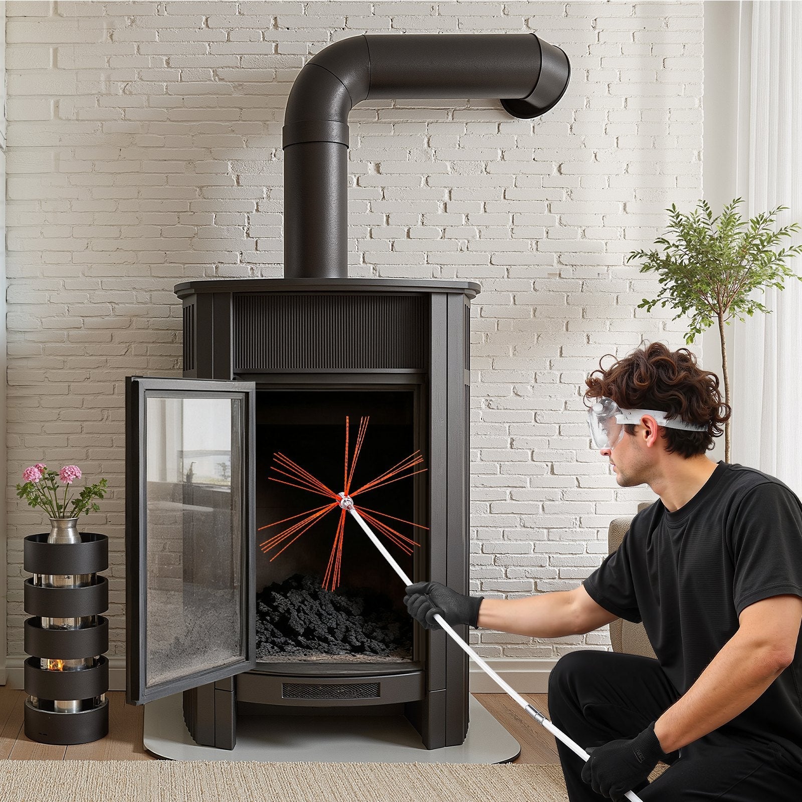 Chimney Sweep Kit, 9m Maximum Extendable Length Chimney Sweep, Chimneys Cleaning Kit with Bristle Replacements & Goggles, 90° Bendable Fireplace Cleaning Tool, for Square, Rectangle Chimneys