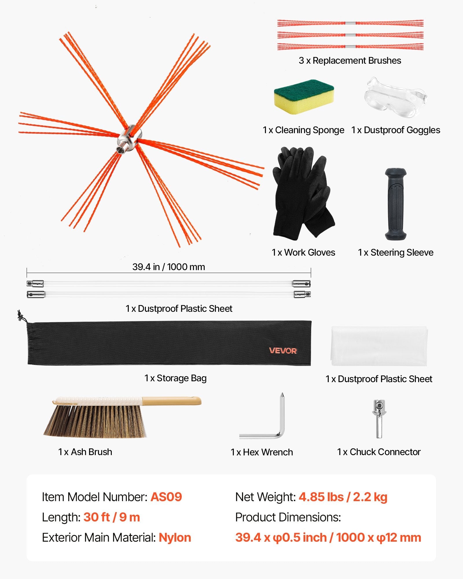 Chimney Sweep Kit, 9m Maximum Extendable Length Chimney Sweep, Chimneys Cleaning Kit with Bristle Replacements & Goggles, 90° Bendable Fireplace Cleaning Tool, for Square, Rectangle Chimneys